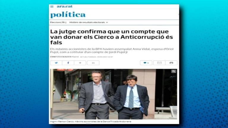 Diari Ara: "La jutge confirma que els Cierco van donar a Anticorrupció un compte fals"