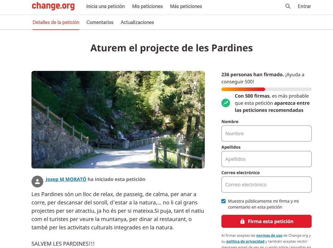 Petició per aturar el projecte turístic a les Pardines 