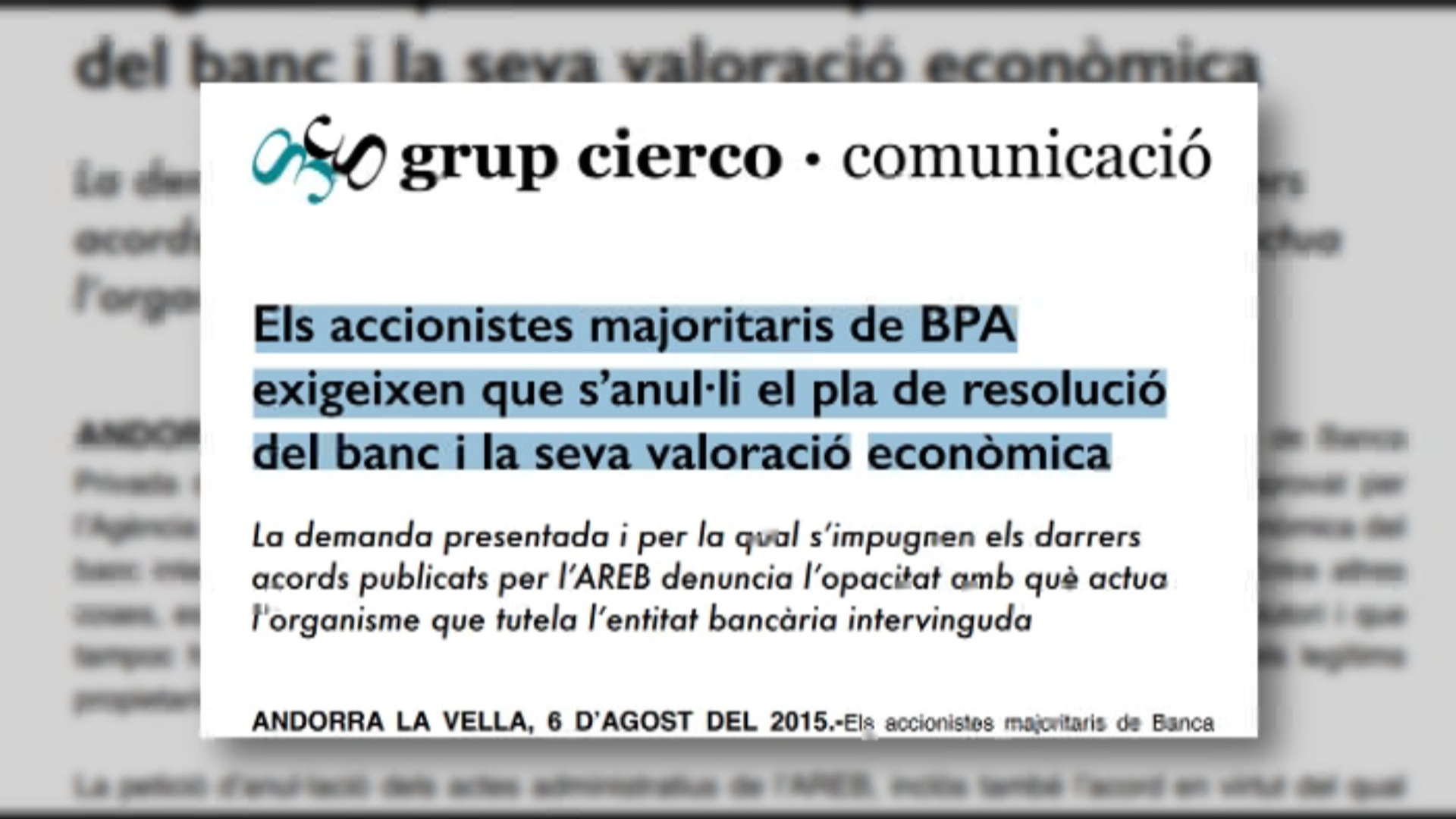 Nova demanda dels Cierco contra la resolució de BPA i la valoració econòmica de l'AREB